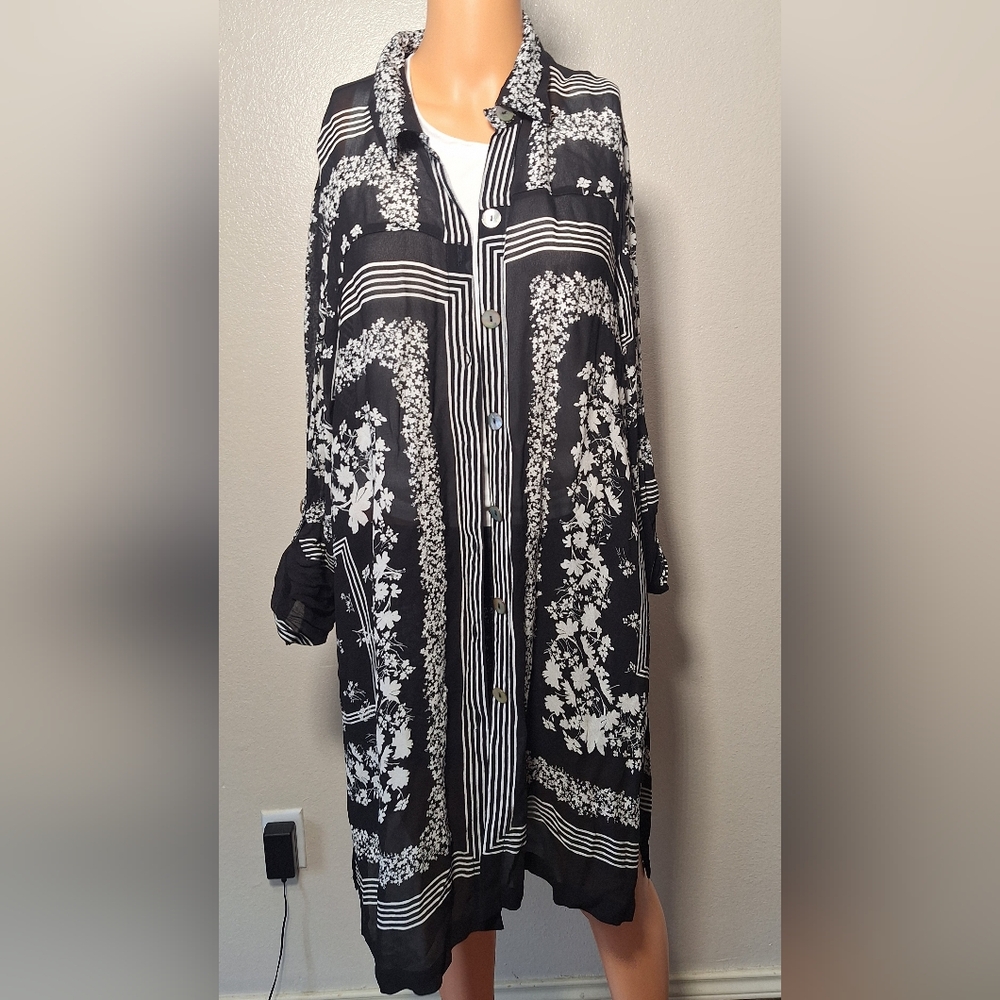John Mark Black & White Sheer Floral Boho Tunic, XL